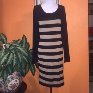 Striped Long Sleeve Midi Dress - Black and Cream
